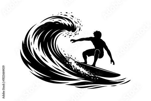 Silhouette of surfer riding a giant wave in dynamic black and white design.