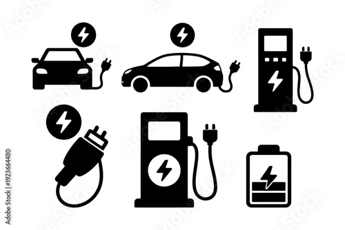 Electric vehicle charging icons set with car, plug, battery, and station symbols.
