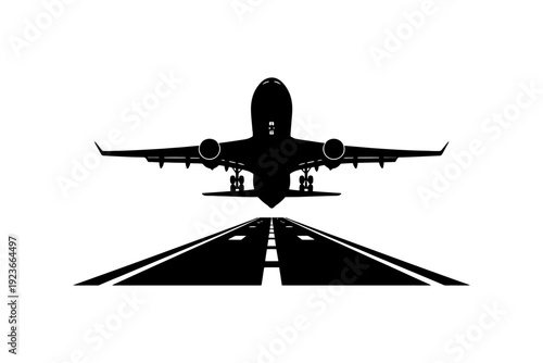 Silhouette of an airplane taking off from runway.
