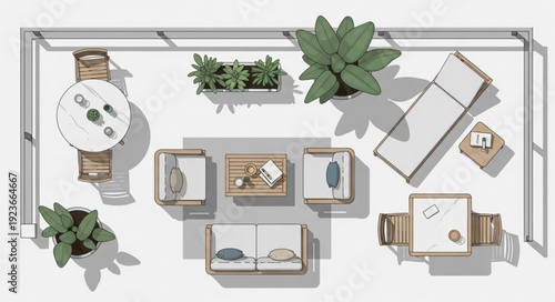 Outdoor patio furniture arrangement with tables, chairs, and plants, top view.