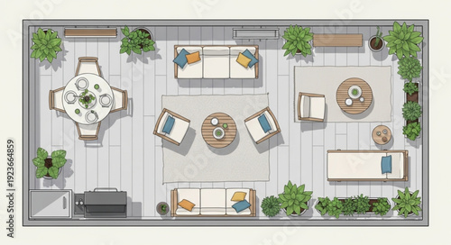Outdoor terrace design with furniture arrangement and decorative plants, top view.