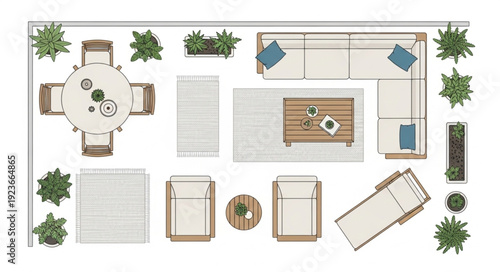 Top-down view of a modern living room with furniture arrangement and plants.