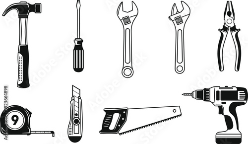 tools, vector, black, silhouette, hammer, screwdriver, wrench, pliers, knife, saw, drill, tape, utility, hand, power, construction, repair, DIY, graphic, cad