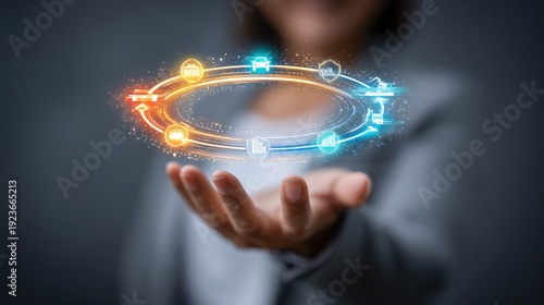 Hand Holding Digital Icon Circle Representing Various Industries