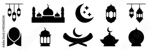 Ramadan silhouette icon collection on white background – Perfect for Eid Mubarak designs, religious posters, or web assets.