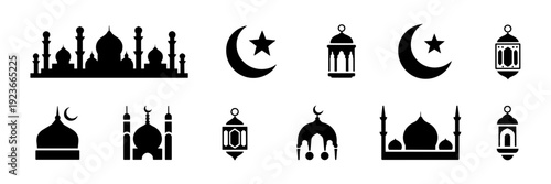 Black Ramadan silhouette icons with mosque and crescent – Ideal for Islamic holiday graphics, web UI, or minimal stationery.