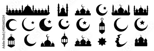 Islamic silhouette icon bundle with lanterns and moons – Suitable for festive decorations, social media posts, or print media.