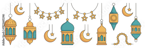 Festive Ramadan light decorations with golden lanterns – Ideal for party invitations, event planning, or holiday retail ads.