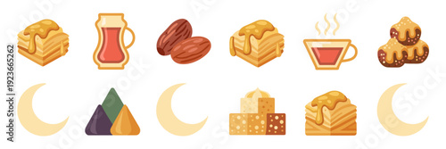 Ramadan dessert icons with baklava and dates – Ideal for food blogs, restaurant menus, or Middle Eastern culinary content.