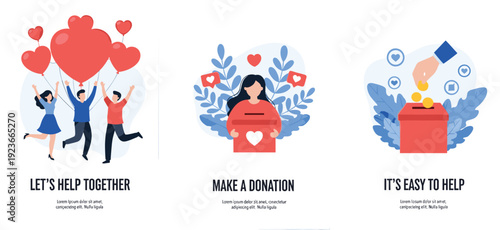 Charity and donation concept with volunteers helping and fundraising vector illustration isolated background