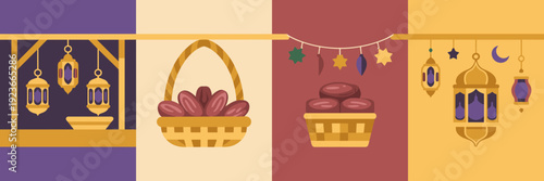 Flat Ramadan market icons with lantern shop and basket - Perfect for educational materials, UI kits, or seasonal ads.