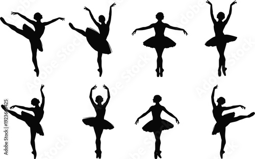 Ballerina silhouettes set in elegant ballet poses, classical dance performance collection, black vector isolated illustration on white background