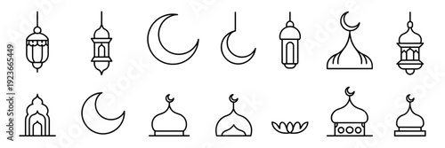 Simple outline Ramadan and crescent moon vector symbols - Perfect for user interface design, infographic icons, or contemporary religious graphics.