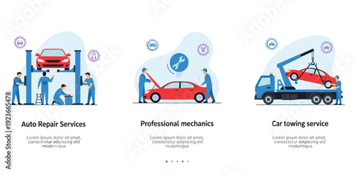 Auto repair and towing service concept with professional mechanics vector illustration isolated background
