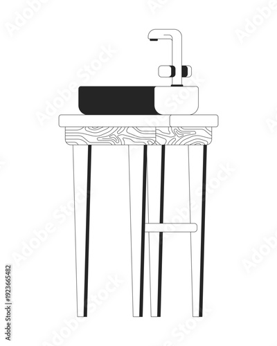 Bathroom sink with faucet placed on wooden stand 2D line object. Wash basin. Sanitary ware. Household furniture. Plumbing fixture isolated clipart vector ink outline item. Monochrome spot illustration