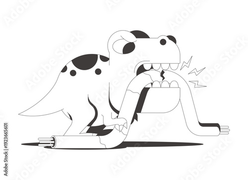 Dinosaur bites internet cable flash message fail line illustration. Groovy dino chewing wire. Connection loss. Mobile UI empty state. Error web design. Black and white vector concept. Micro UX scene
