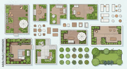 Top-down view of various garden and patio design layouts.