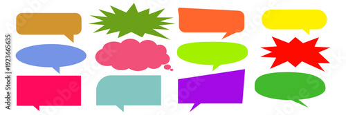 A simple design set of colorful message comment chat boxes. A collection of comic and social media speech bubbles, text boxes, and chat boxes. A vector set of comic and social media speech bubbles.