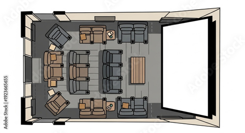Home theater room layout with comfortable seating and large screen.