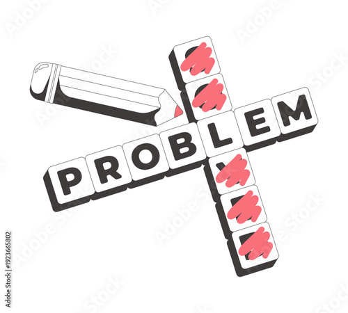 Funky unsolved crossword flash message fail line illustration. Puzzle with scribbled incorrect answer and pencil. Mobile UI empty state. Error web design. Black white vector concept. Micro UX scene