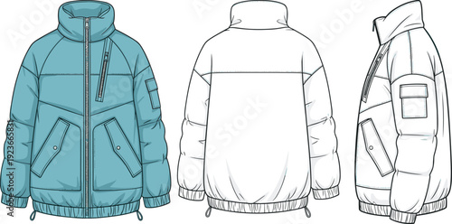 Men Heavy Puffer Jacket with High Collar Cargo Pocket and Drawstring Hem Fashion Flat CAD Drawing Technical Sketch Vector Illustration Template