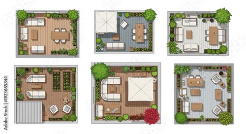 Top-down view of six different outdoor terrace designs with furniture arrangements.