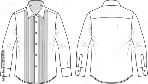 Men Slim Fit Long Sleeve Formal Shirt with Vertical Pleated Front Panel Fashion Flat CAD Drawing Technical Sketch Vector Illustration Template