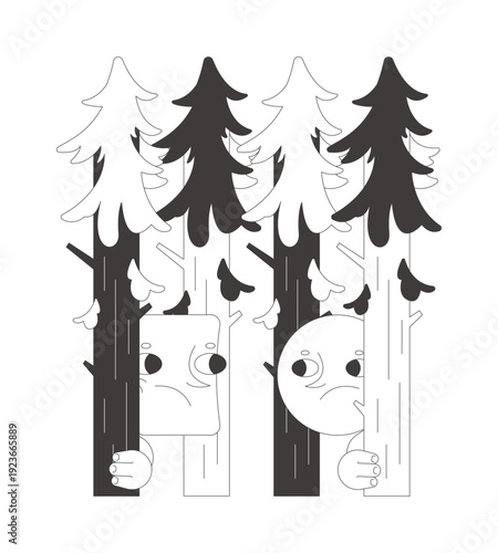 Lost in forest funky groovy flash message fail line illustration. 70s characters hiding behind fir trees. Mobile UI empty state. Error web design. Black and white vector concept. Micro UX scene