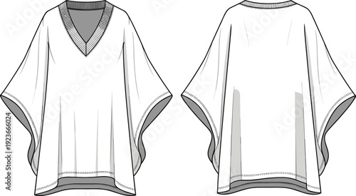 Women V Neck Poncho Top Kaftan Style Blouse Fashion Flat CAD Drawing Technical Sketch Vector Illustration Template for Design and Tech Pack