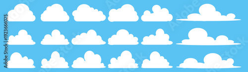 set of vector illustrations of clumpy clouds, cloud bubbles in flat style on a blue background	
