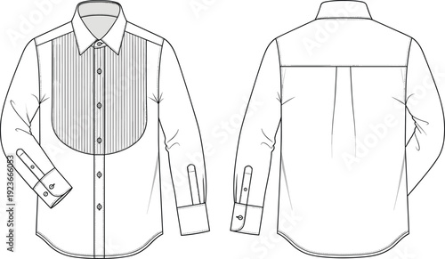 Men Formal Long Sleeve Shirt with Pleated Bib Front and French Cuffs Fashion Flat CAD Drawing Technical Sketch Vector Illustration Template