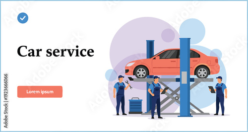 Car service concept with mechanics repairing vehicle on lift vector illustration isolated background