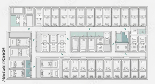 Architectural blueprint showcasing detailed floor plan of a building with multiple rooms and corridors.