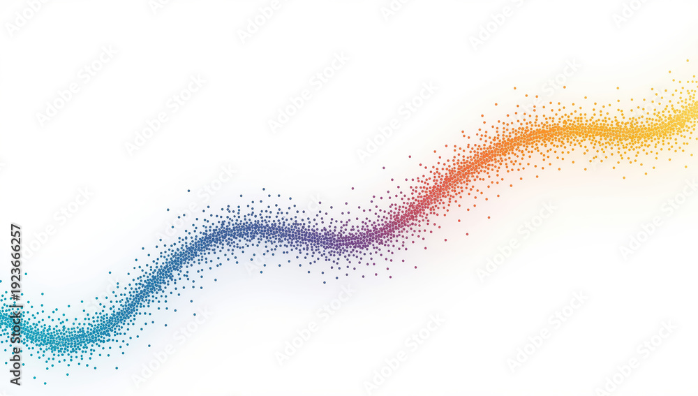 Obraz premium Colorful particle wave flowing across white background with vibrant gradient and airy motion