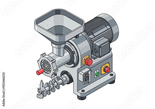 Industrial meat grinder machine viewed from the side, showcasing its mechanical components and control panel in a neutral environment