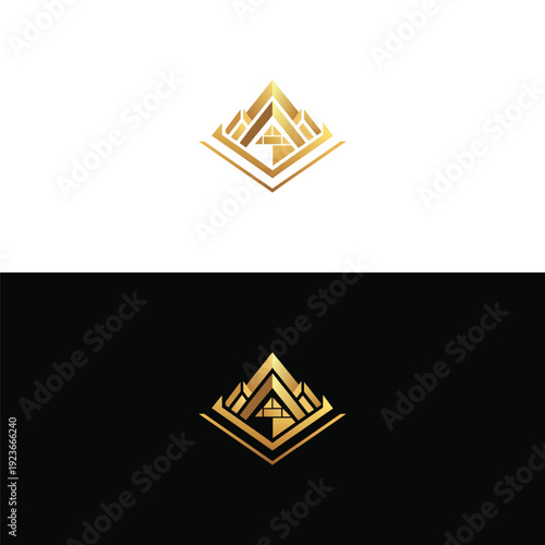 A distinguished golden geometric logo highlights an intricate crown and house design with a sleek white accent line, conveying premium status and modern elegance.