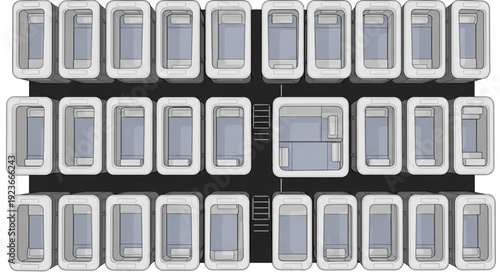 Arrangement of various rectangular containers, showcasing a structured and organized display.