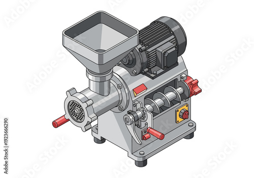 Industrial meat grinder machine with complex components and controls, viewed from an isometric perspective in a technical illustration style