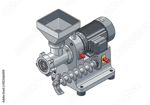 Industrial grinder machine with motor and hopper, viewed from an isometric perspective, showcasing mechanical components