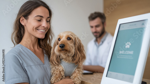 Veterinary reception desk with digital check-in and happy pet owner interaction