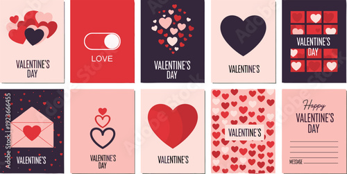 Valentine Cards Templates Love Hearts Romantic Pink Red Cute Greeting Poster Flyer Invitation Design Illustration Collection Modern Minimal Decorative