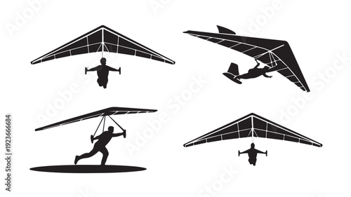 Vector Illustration Of Hang Glider Silhouettes In Various Flying Positions For Adventure And Sports Concept
