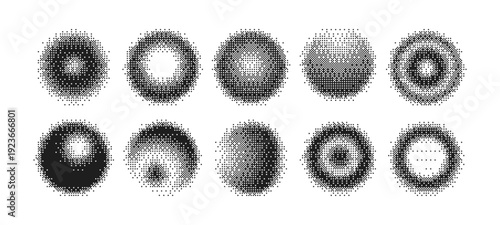 Bitmap gradient round shapes set. Circle halftone collection. Circular dotted frames textbox. Dither texture. Black and white pixel ball, board, target. Retro effect. Vector graphic illustration.
