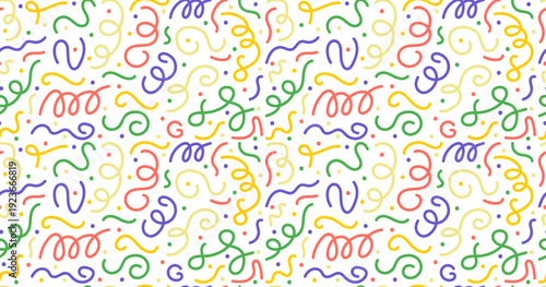 Cute bright colorful lines doodle seamless pattern. Children hand drawn curve wavy shapes. Simple party confetti texture, childish scribble shape backdrop. Vector funny design for kids stuff print.
