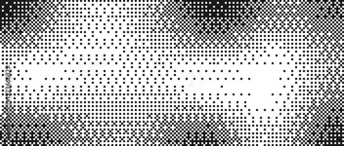Pixelated bitmap gradient background. Dither texture. Retro pixel art banner. 8 bit border frame. Vector grid illustration.