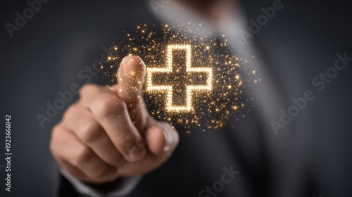 Medical Professional Touching Sparkly Plus Sign, Health Symbol