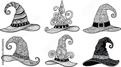 Witch hat line art set, decorative magic hats illustration, halloween fantasy wizard headwear collection, black and white vector design