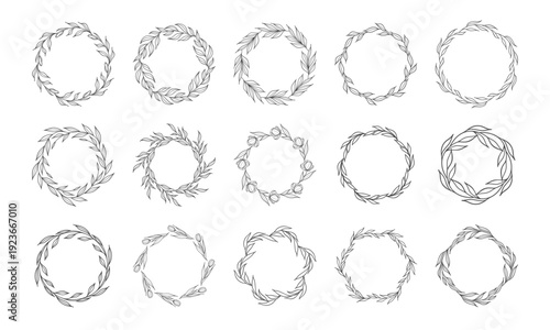 Set of 15 minimalist black line art floral wreaths. Isolated vector botanical frames for wedding invitations, logos, and branding.