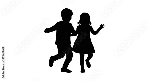 Children playing together, running and jumping in a joyful moment, captured in a simple illustration, on a clean white background, from a front viewpoint, byo reference