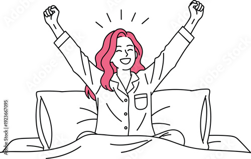 Woman Girl Morning Wake Stretch Happy Smile Bed Pillow Bedroom Relax Comfort Lifestyle People Female Illustration Vector Lineart Minimal Modern